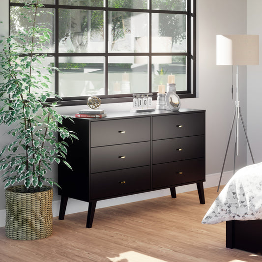 Milo Mid-Century 6 Drawer Wooden Dresser, 16.75" X 52.5" X 33", Black