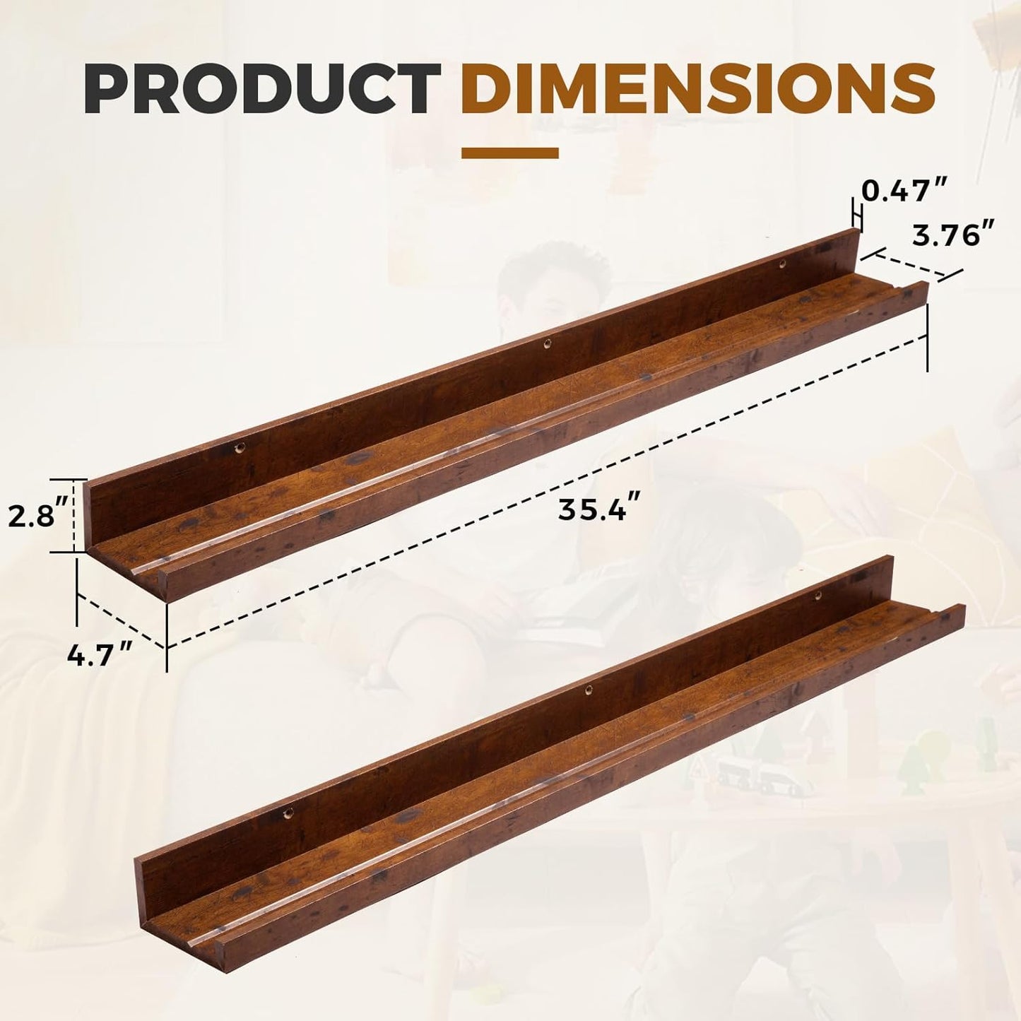 45.3" Large Floating Wall Ledge Shelves with Lip - Set of 2 Rustic Wood Floating Shelves - Honey Brown Wall Mounted Picture Ledge for Office, Bathroom, Bedroom, Living Room, Kitchen