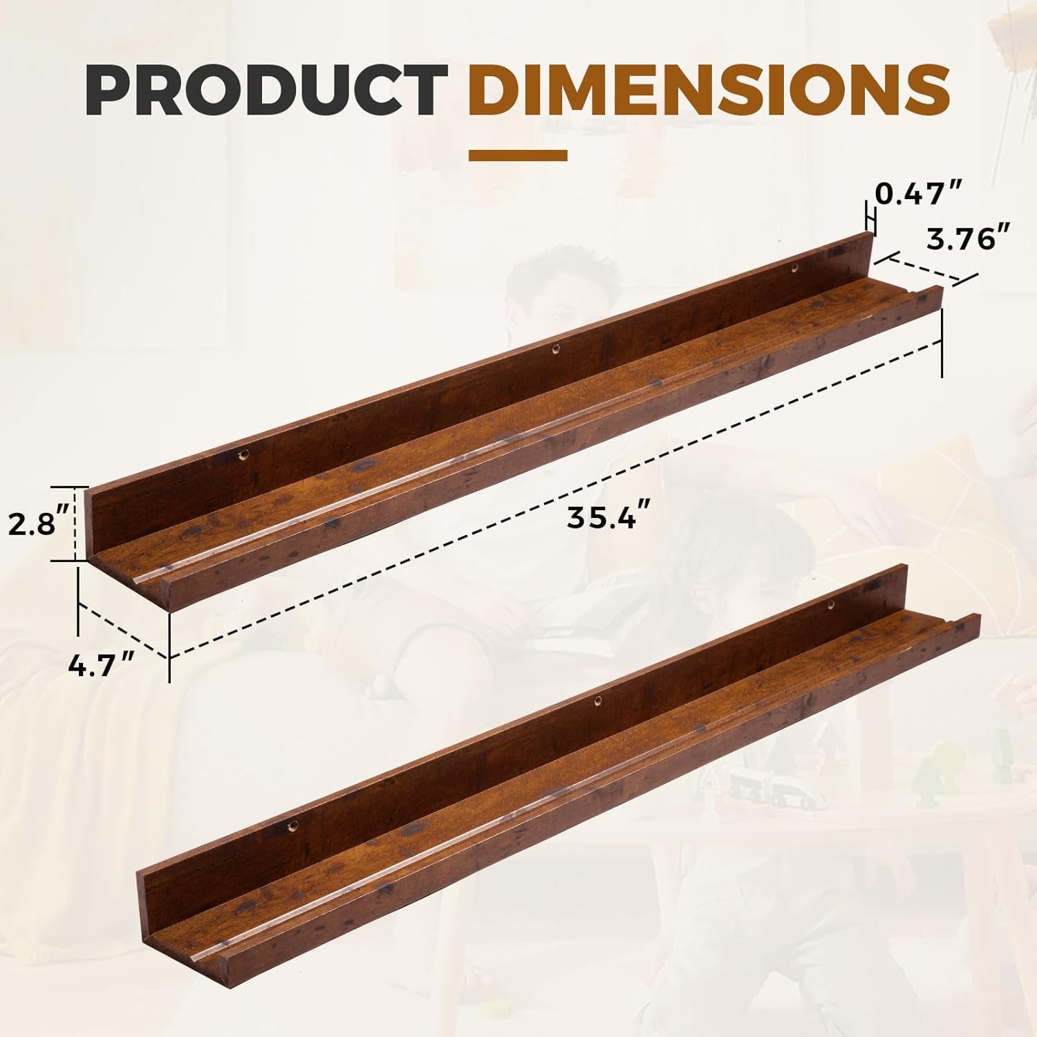 45.3" Large Floating Wall Ledge Shelves with Lip - Set of 2 Rustic Wood Floating Shelves - Honey Brown Wall Mounted Picture Ledge for Office, Bathroom, Bedroom, Living Room, Kitchen