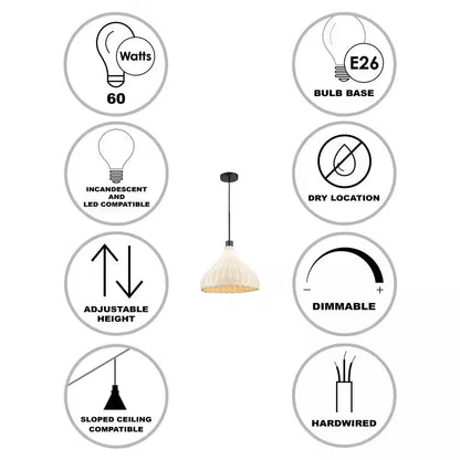 1-Light Black Pendant Light Fixture with Natural Woven Rattan Basket Shade