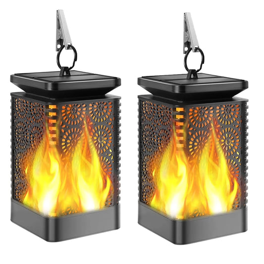 Solar Lights Outdoor, Solar Lantern Flickering Flame Outdoor Waterproof Hanging Lanterns Decorative, Solar Powered Outdoor Lighting LED Christmas Lights for Patio Deck Yard, 2 Pack
