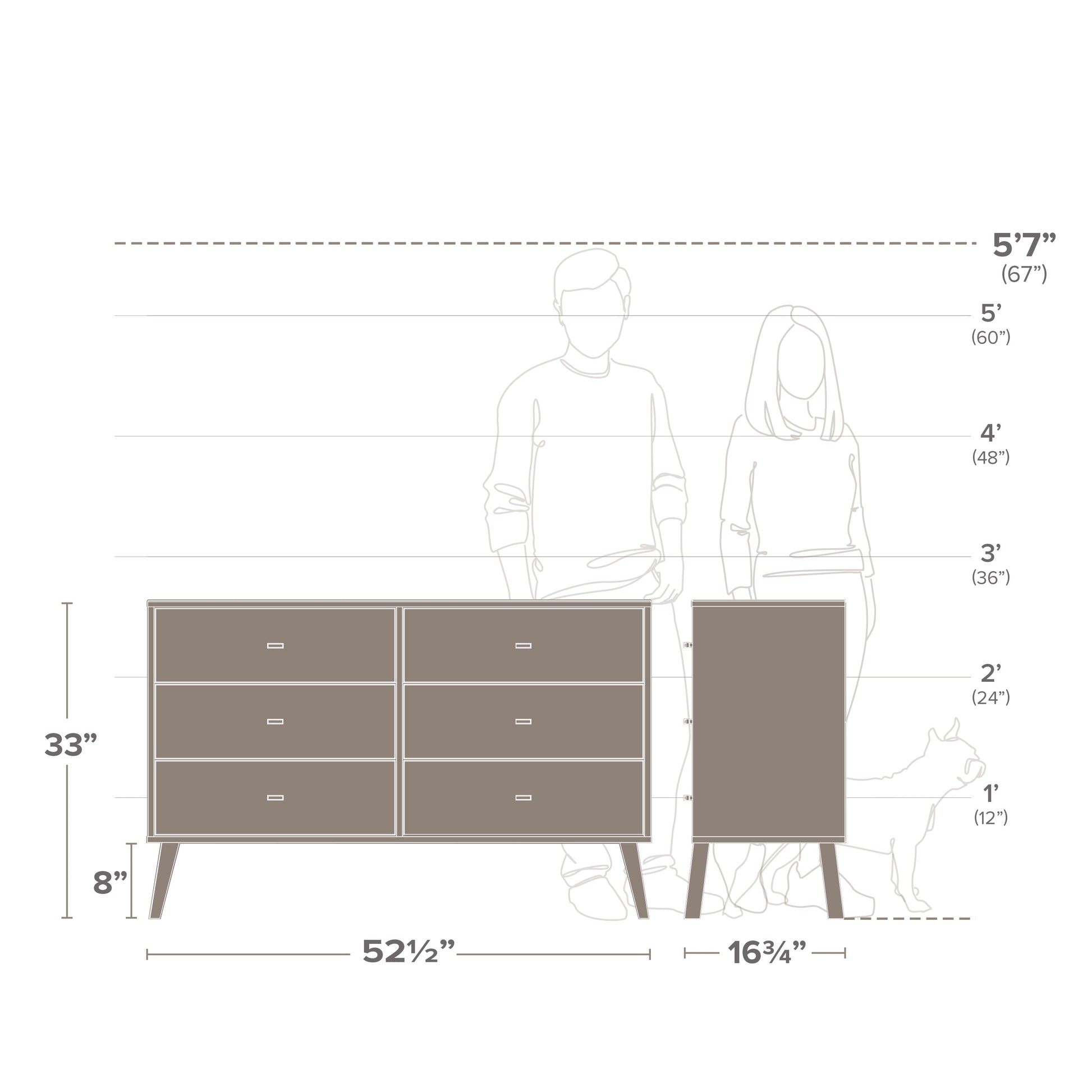 Milo Mid-Century 6 Drawer Wooden Dresser, 16.75" X 52.5" X 33", Black