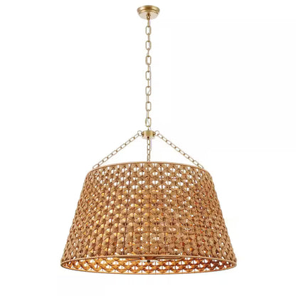 29.92 In. 6-Light Gold Woven Oversized Chandelier Boho Hand Rattan Rustic Farmhouse Ceiling Hanging Light
