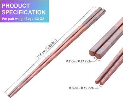 5 Pairs Reusable 18/10 Stainless Steel Metal Chopsticks Dishwasher Safe,  Square Lightweight Non-Slip 9.25 Inches Chop Sticks for Ramen, Sushi, Bento Box, Gift Set, Rose Gold