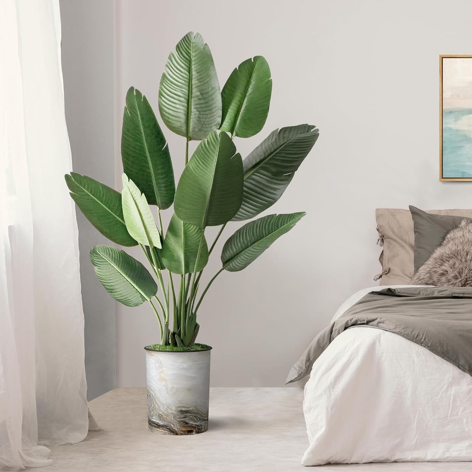 Artificial Tree in Granite Effect Planter, Fake Bird of Paradise Silk Tree for Indoor and Outdoor Home Decoration - 58" Overall Tall (Plant Pot plus Tree)