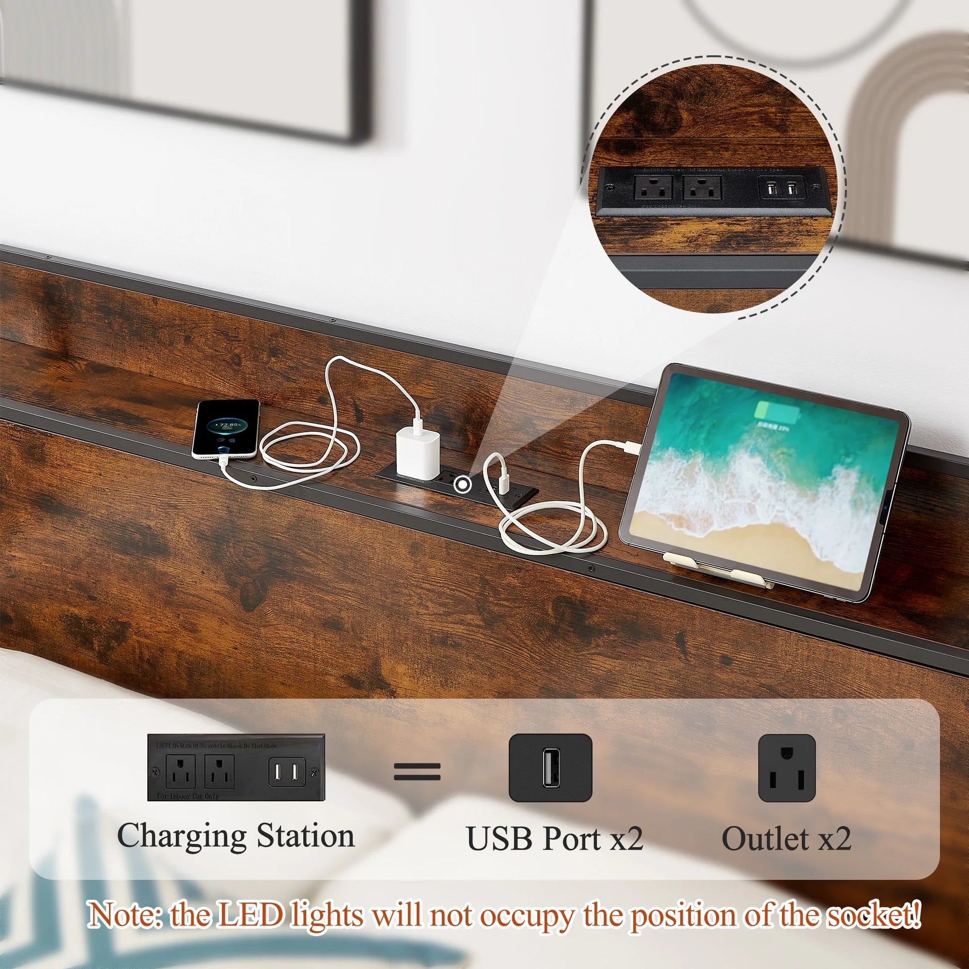 Full Size Bed Frame with Storage Headboard, Metal Bed Frame with Plug Outlets, USB, Brown