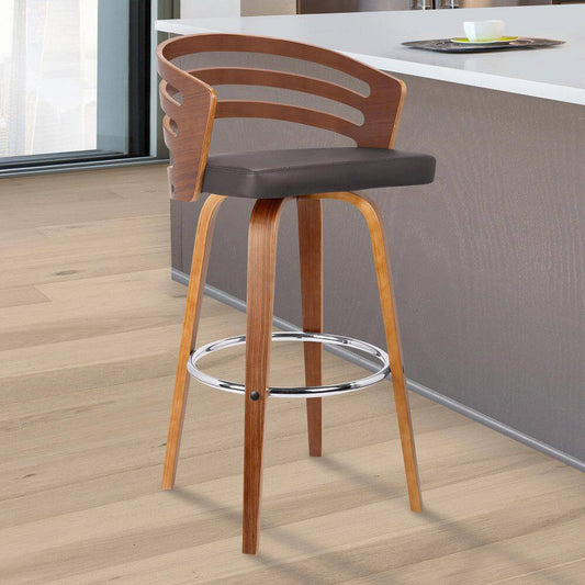 Jayden 26 In. Brown Faux Leather with Walnut Veneer Mid-Century Swivel Counter Height Bar Stool