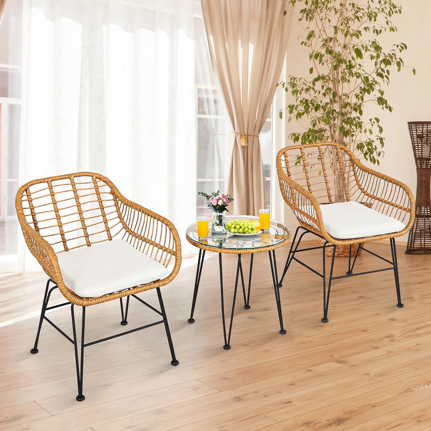 3PCS Patio Rattan Bistro Furniture Set Cushioned Chair Table White