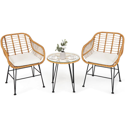 3PCS Patio Rattan Bistro Furniture Set Cushioned Chair Table White
