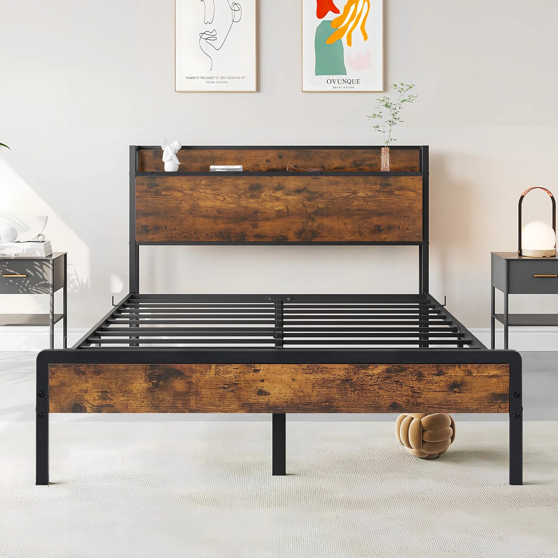 Full Size Bed Frame with Storage Headboard, Metal Bed Frame with Plug Outlets, USB, Brown