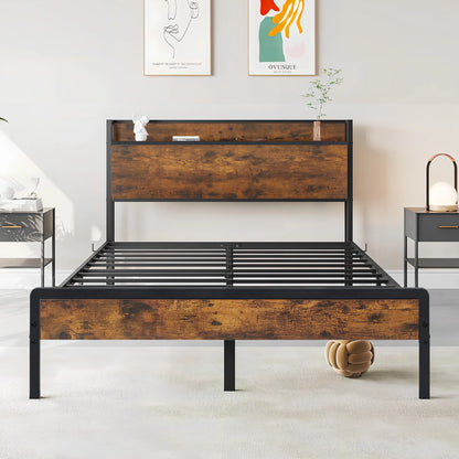Full Size Bed Frame with Storage Headboard, Metal Bed Frame with Plug Outlets, USB, Brown