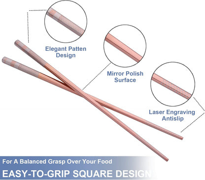 5 Pairs Reusable 18/10 Stainless Steel Metal Chopsticks Dishwasher Safe,  Square Lightweight Non-Slip 9.25 Inches Chop Sticks for Ramen, Sushi, Bento Box, Gift Set, Rose Gold