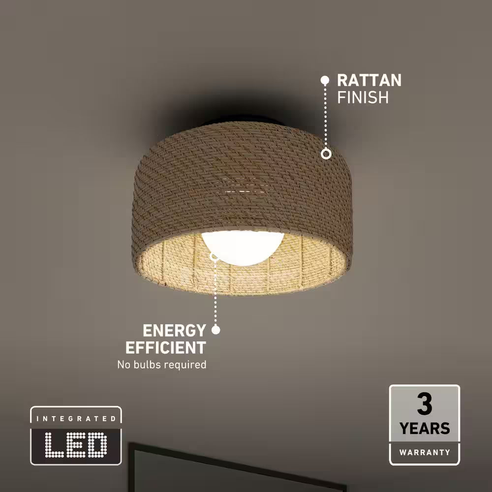Emiko 15 In. 1 Light Black and Rattan 5CCT Integrated Selectable LED Flush Mount Ceiling Light