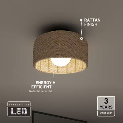 Emiko 15 In. 1 Light Black and Rattan 5CCT Integrated Selectable LED Flush Mount Ceiling Light