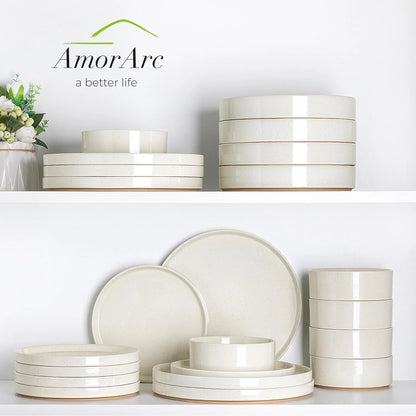 Ceramic Dinnerware Set for 6 | Speckled Stoneware Plates and Bowls with Unglazed Terracotta | Scratch Resistant, Dishwasher & Microwave Safe ,Service for 6 Dishes Set(18Pcs),Beige
