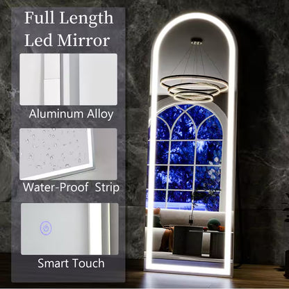 20 In. W X 63 In. H LED Light Arched White Aluminum Alloy Framed Rounded Full Length Mirror Floor Mirror