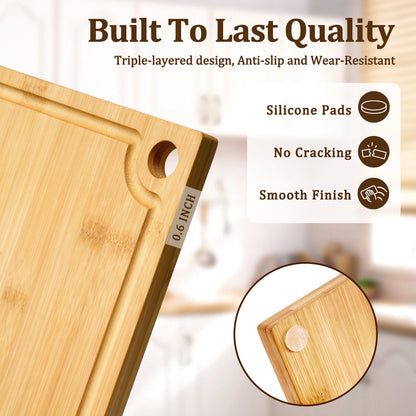 Bamboo Cutting Board, 3 Pcs Cutting Board with 3 Hooks, Wood Chopping Boards for Kitchen, Deep Juice Groove for Vegetables and Meat