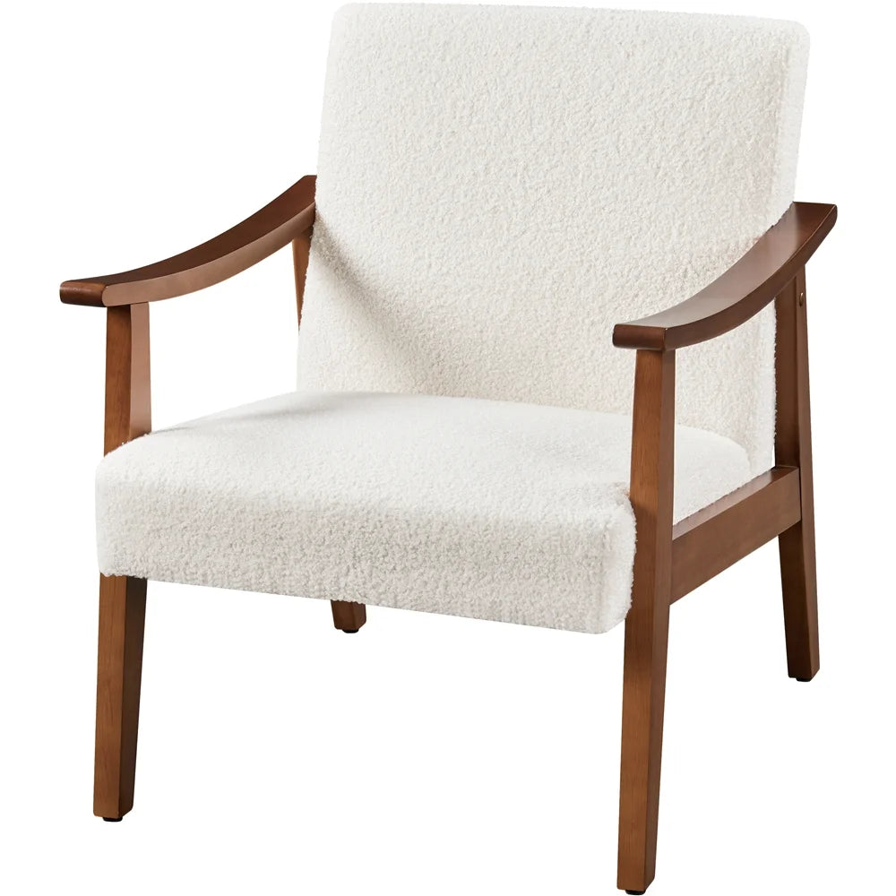 Mid-Century Modern Accent Chair with Wooden Frame, Ivory Boucle Fabric