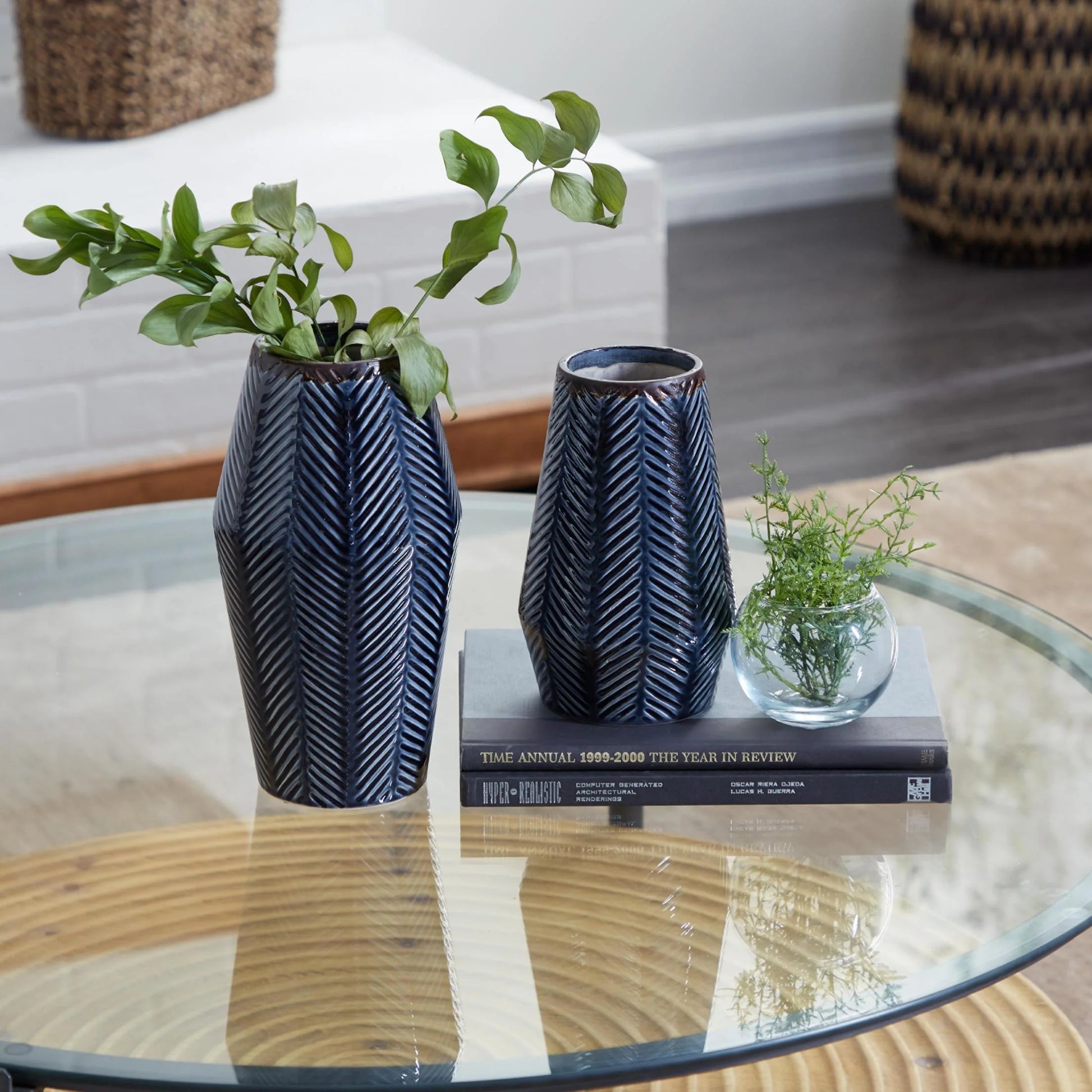 11", 8"H Handmade Chevron Dark Blue Ceramic Vase, Set of 2