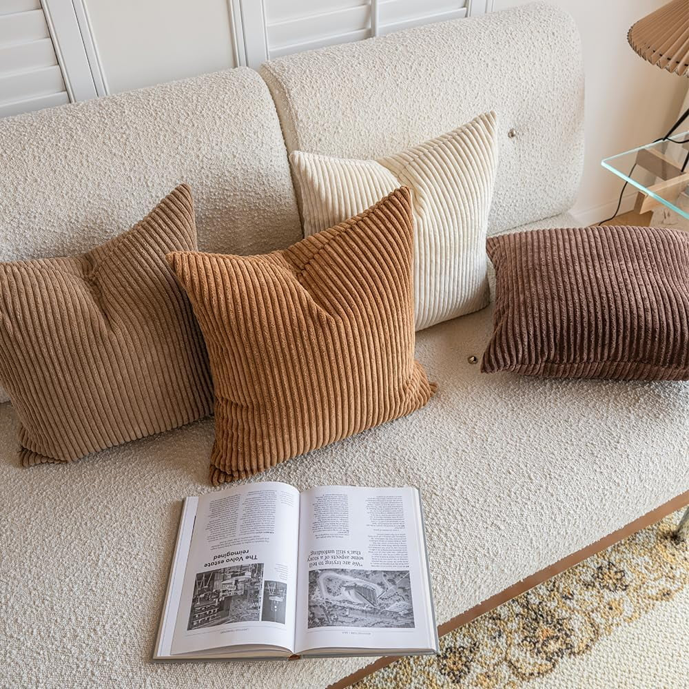 18X18 Inch Boho Decorative Neutral Brown Corduroy Accent Home Pillows, 4 Count(Pillowcase Only)