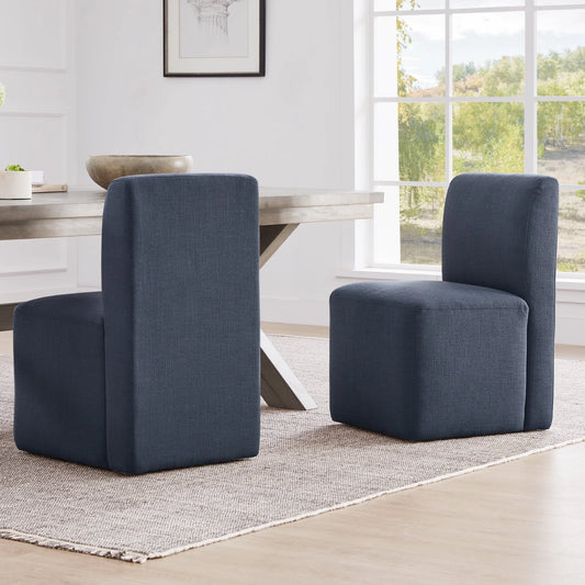 Upholstered Dining Chairs with Casters Set of 2,Modern Armless Accent Chair with Wheels for Bedroom Reading Room Living Room, Blue Fabric