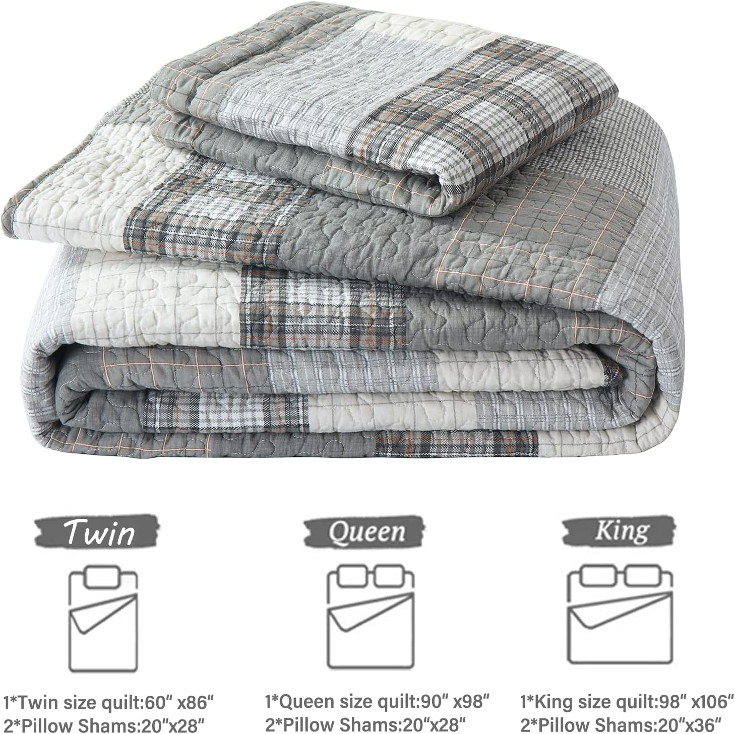 Quilt King Size - 100% Cotton Grey King Quilt Farmhouse Plaid Quilted Bedspread, 3 Pieces Lightweight Reversible King Size Quilt Bedding Set for All Season
