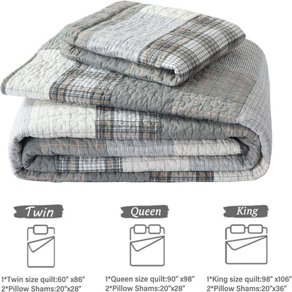 Quilt King Size - 100% Cotton Grey King Quilt Farmhouse Plaid Quilted Bedspread, 3 Pieces Lightweight Reversible King Size Quilt Bedding Set for All Season