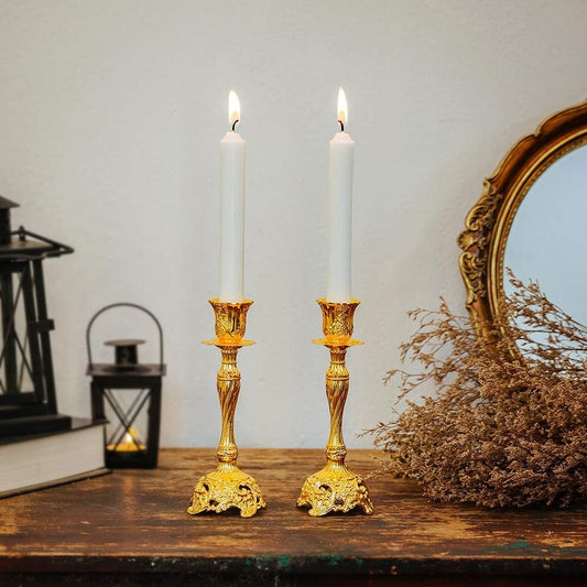 Gold Candlestick Holders Set of 2 Taper Candle Holders Deluxe Ornate Candle Holders for Shabbat Taper Candles, Candle Centerpiece, Wedding Candles, Christmas Candle 7.4Inch