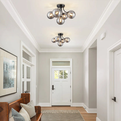 Modern Ceiling Light 5-Light Sputnik Ceiling Light Fixture with Smoke Grey Glass Globe Semi Flush Mount Ceiling Light for Hallway Kitchen Bathroom Black 15 Inch