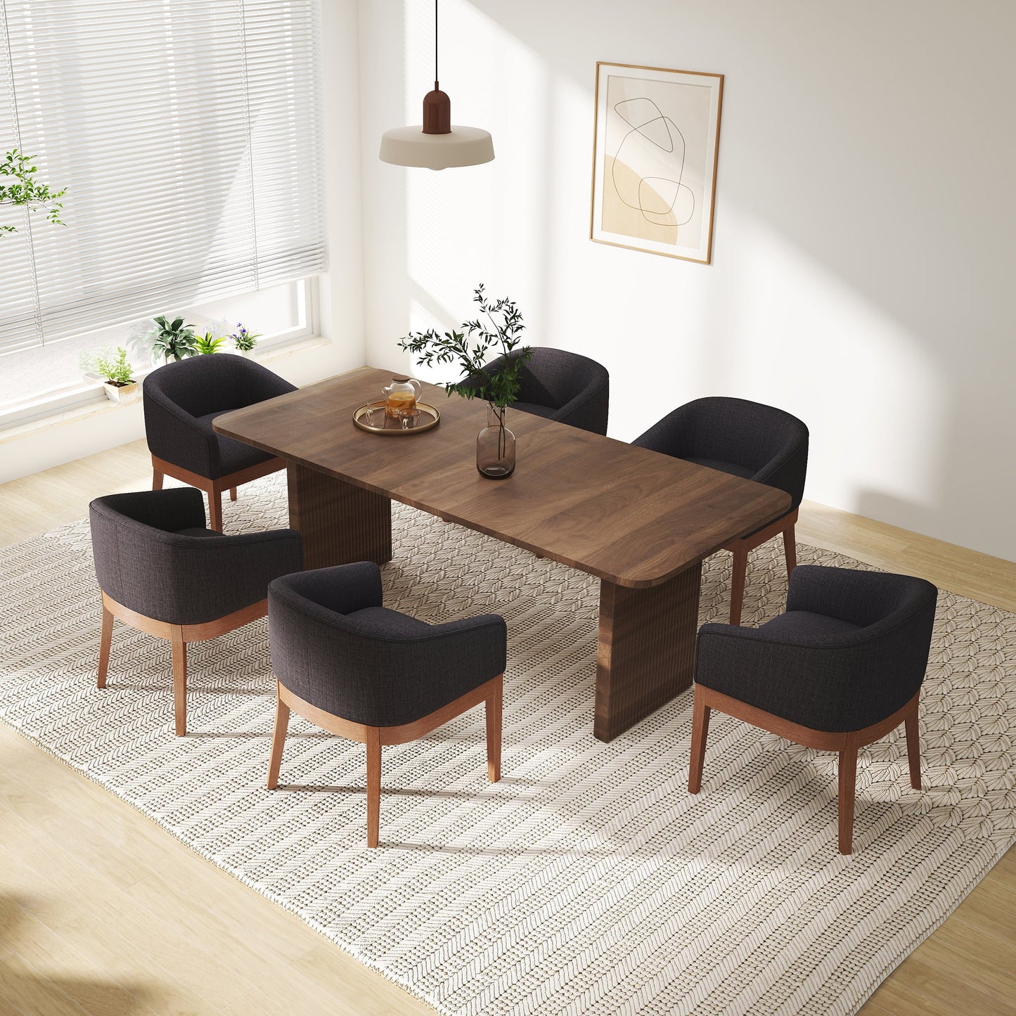 Modern Upholstered Dining Chairs Set of 6, Farmhouse Linen Kitchen & Dining Room Chairs with Armrests, 18" W Wooden Barrel Accent Chair Armchair for Dining Room Living Room Bedroom, Charcoal