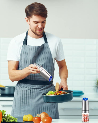 Gravity Electric Salt and Pepper Grinder Set, Automatic Mill Grinder,Battery-Operated with Adjustable Coarseness, Premium Stainless Steel with LED Light, One Hand Operated
