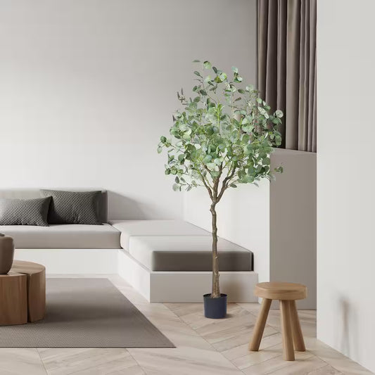 6 Ft. Artificial Eucalyptus Tree Tall Faux Plant Secure PE Material and Anti-Tip Tilt Protection Low-Maintenance Plant