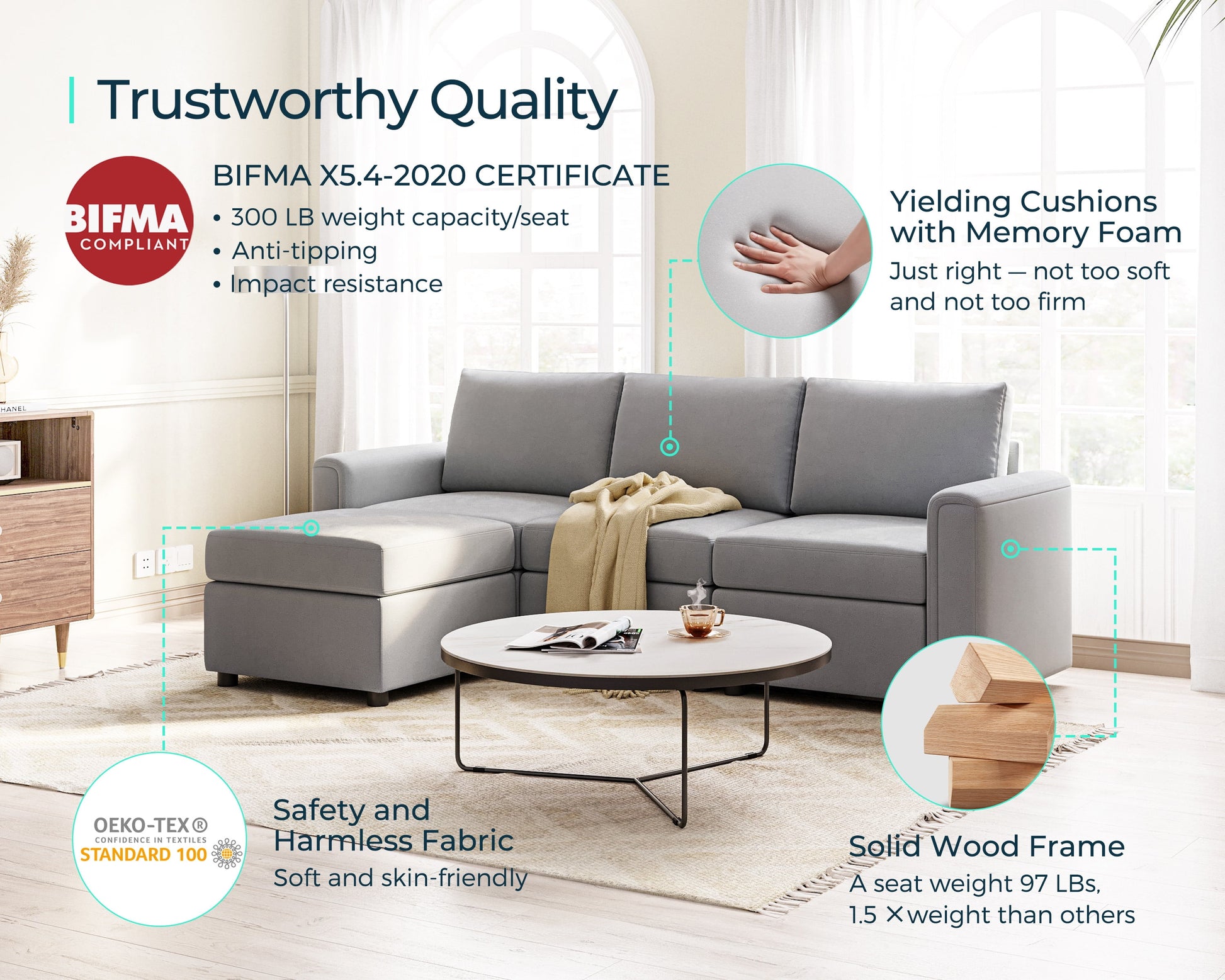 Modular Couches and Sofas Sectional with Storage, 4 Seat Sectional Sofa for Living Room, L Shaped Sectional Couch with Reversible Chaises, Light Gray