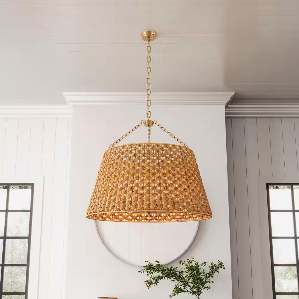 29.92 In. 6-Light Gold Woven Oversized Chandelier Boho Hand Rattan Rustic Farmhouse Ceiling Hanging Light