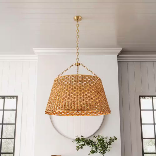 29.92 In. 6-Light Gold Woven Oversized Chandelier Boho Hand Rattan Rustic Farmhouse Ceiling Hanging Light