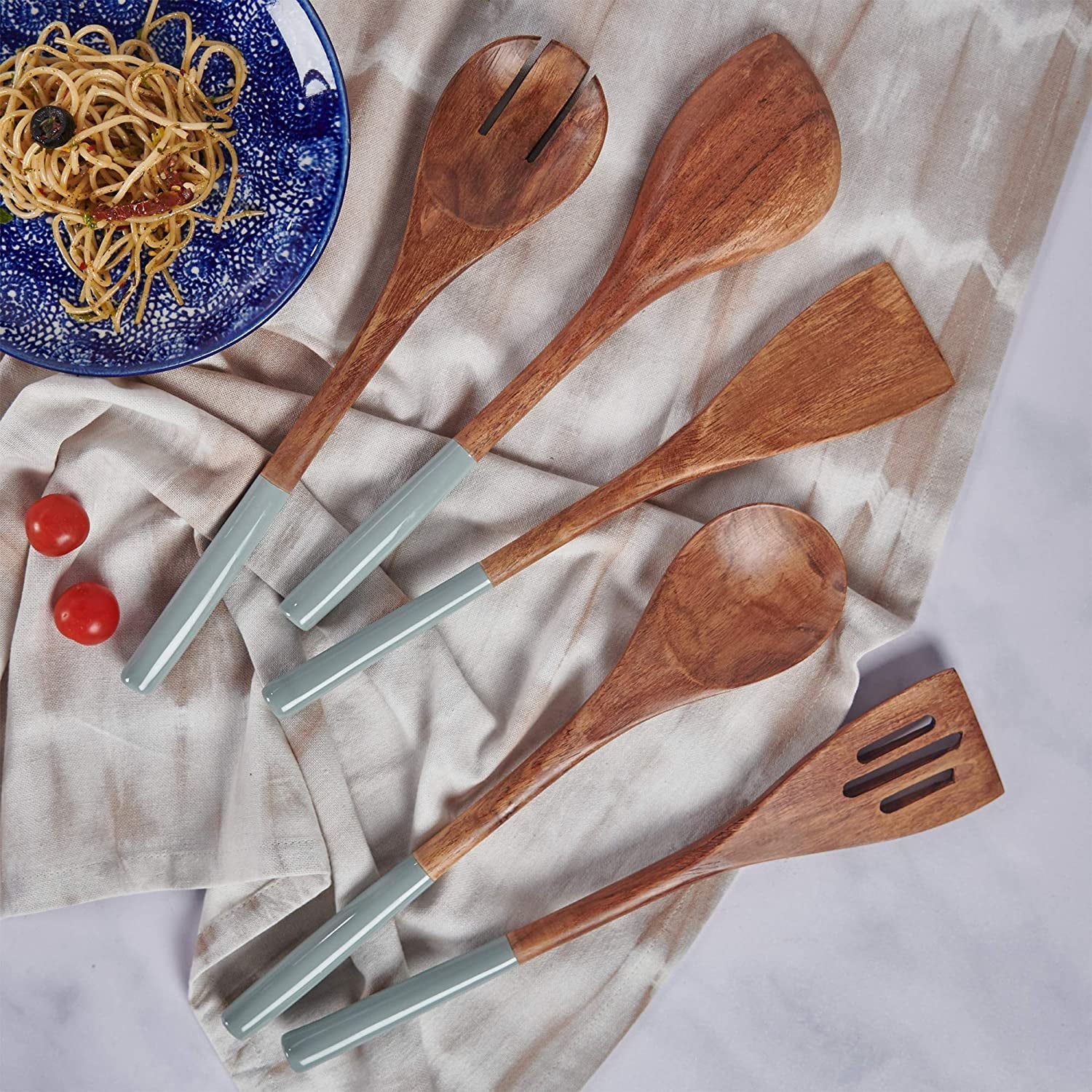 Wooden Spoons for Cooking, Set of 5 Wooden Utensils for Cooking, Nonstick Wooden Cooking Utensils, Kitchen Utensil Sets with Wooden Spoon Sets and Wooden Spatula - Gray/Grey