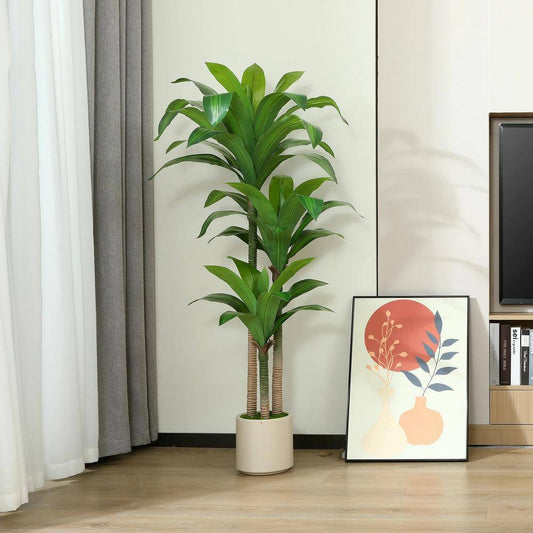 5 Ft. Artificial Dracaena Tree with Large White Planter, Faux Tropical Potted Silk Plant