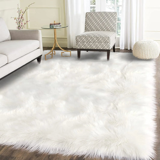 Sheepskin Rug 4X6, Faux Fur Sheepskin Rug for Living Room, Fluffy Washable Rug for Bedroom, Nursery Room, Luxury Room Decor, White Fur Rug, Rectangle