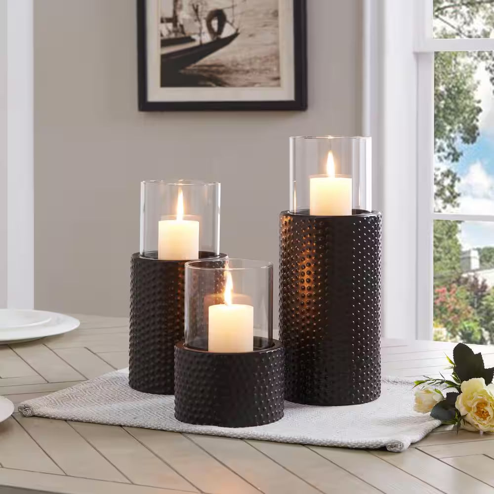Contemporary Candle Holders with Clear Glass Hurricanes and Textured Metal Base (Set of 3)