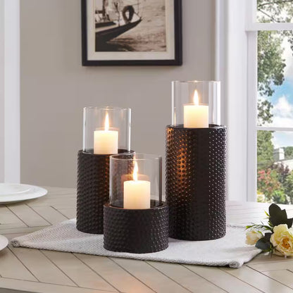Contemporary Candle Holders with Clear Glass Hurricanes and Textured Metal Base (Set of 3)