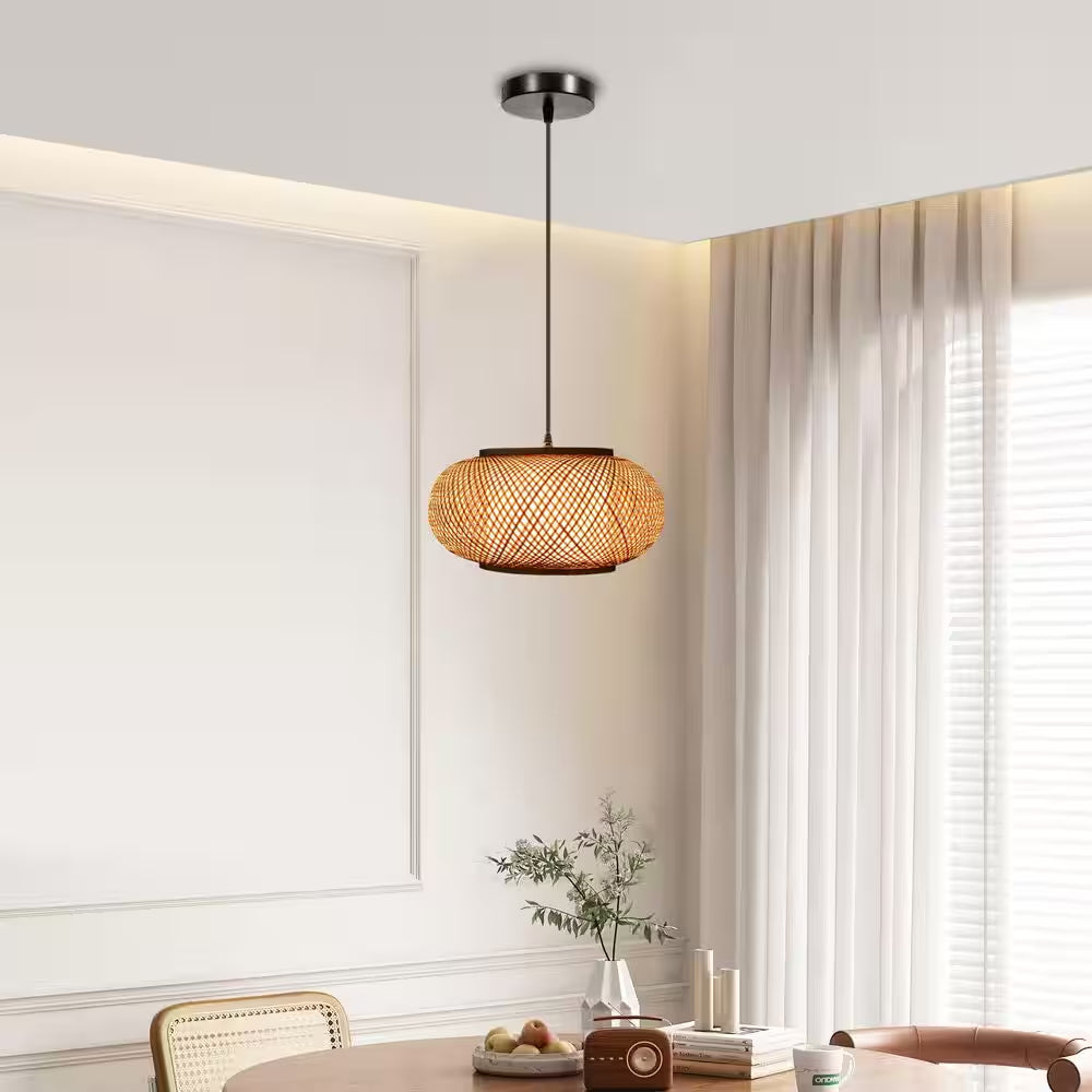 15.7 In. 1-Light Vintage Bamboo Rattan Lantern Pendant Light with Hand-Woven Bamboo Shade