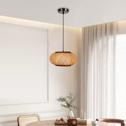 15.7 In. 1-Light Vintage Bamboo Rattan Lantern Pendant Light with Hand-Woven Bamboo Shade