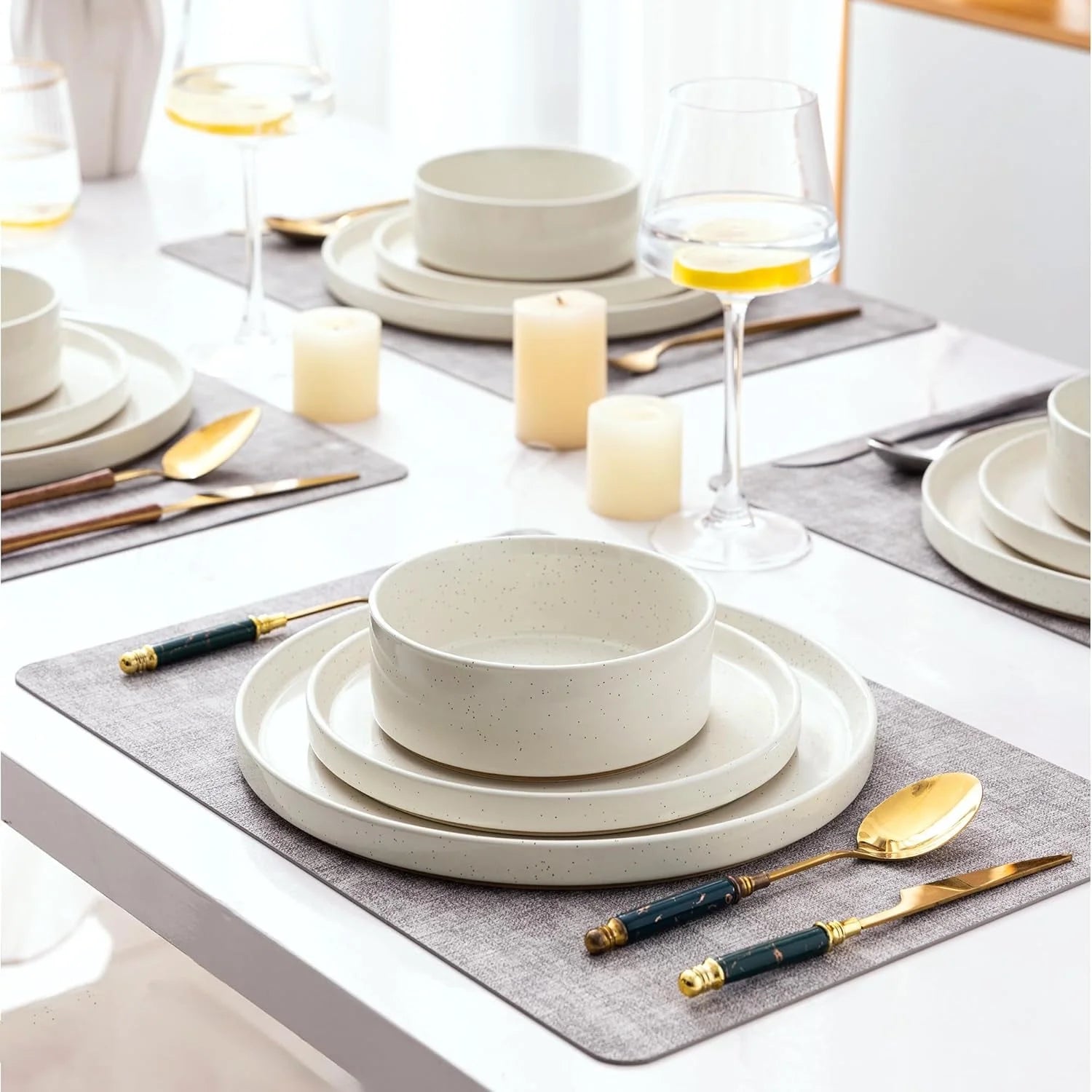 Ceramic Dinnerware Set for 6 | Speckled Stoneware Plates and Bowls with Unglazed Terracotta | Scratch Resistant, Dishwasher & Microwave Safe ,Service for 6 Dishes Set(18Pcs),Beige