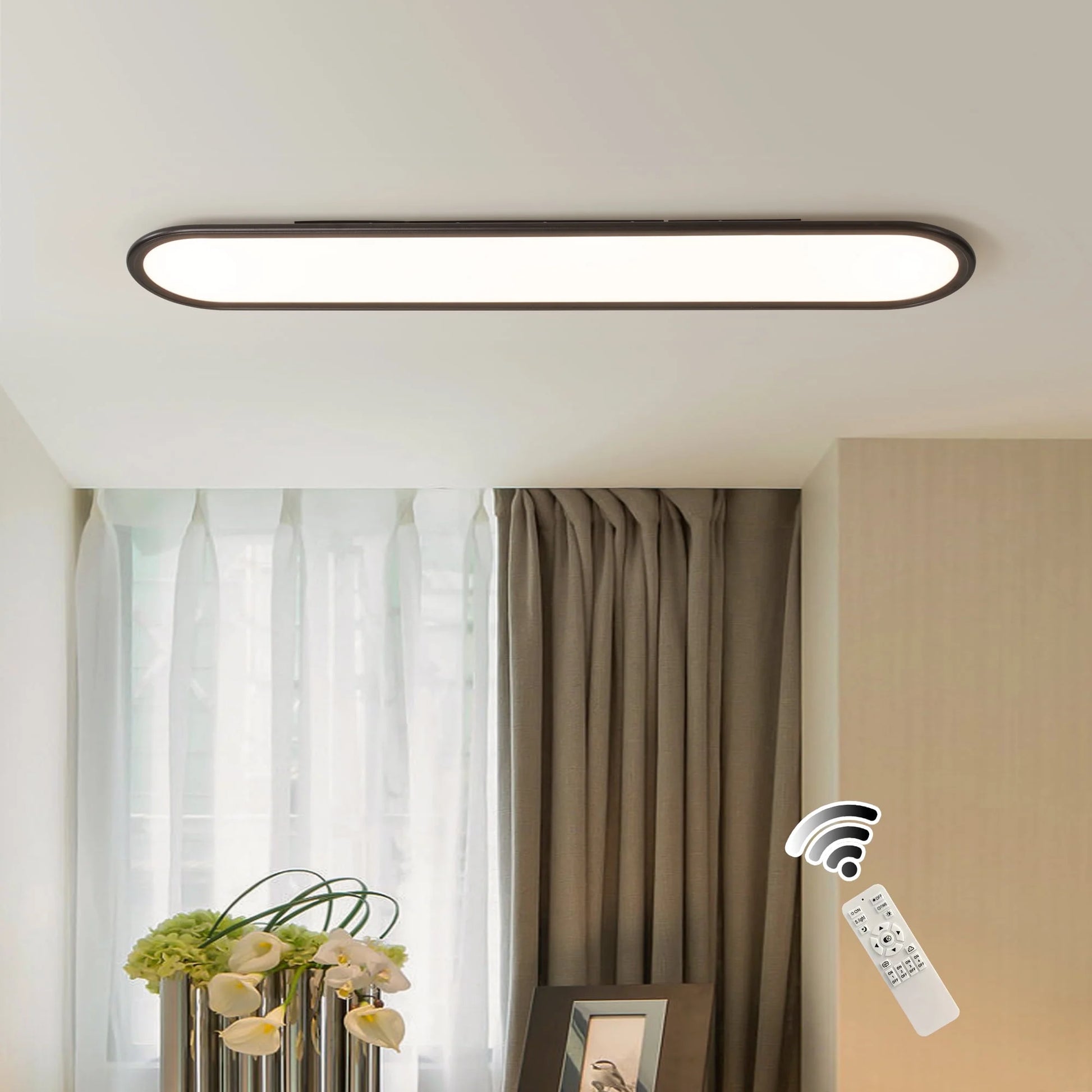 Modern Linear Ceiling Lights,48W Dimmable LED Ceiling Lamp,Full Spectrum Long Ceiling Light,39.4 Inch Ultra Thin Low Profile Light Fixture for Bedroom Kitchen Closet Hallway, Black/3000-6500K