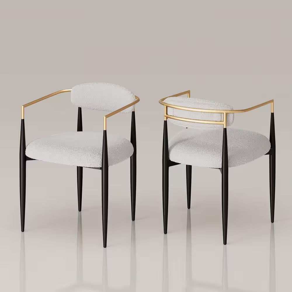 Modern White Boucle Cushion Seat Dining Chair Set of 2, Metal Frame Armchair for Kitchen, Living Room, Bedroom