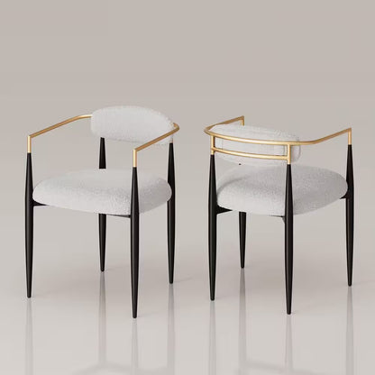Modern White Boucle Cushion Seat Dining Chair Set of 2, Metal Frame Armchair for Kitchen, Living Room, Bedroom