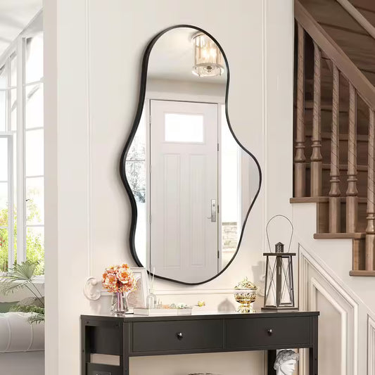22 In. W X 36 In. H Irregular Black Aluminum Alloy Framed Asymmetrical Wall Mirror