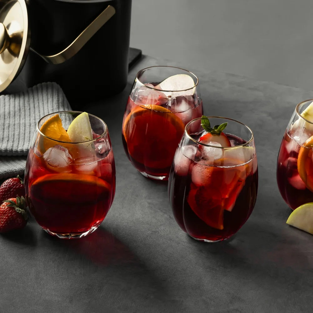 Scalloped Stemless Wine Glasses with Gold Trim, Set of 4