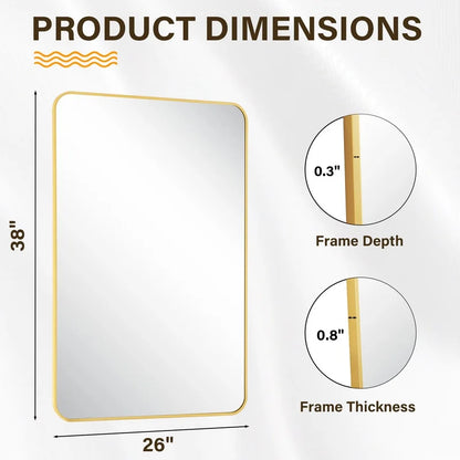 38"X26" Rectangular Bathroom Mirror Round-Edged Wall Mounted Mirror with Aluminum Alloy Frame, Gold