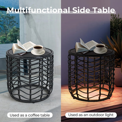 Outdoor Modern Boho Style Wave Wicker End Tables,Built-In Solar Lights, Black (Set of 2)